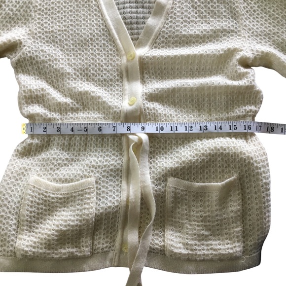 Vintage Belted Cardigan Womens 70s Cream Knit Sweater Tie Button Up Pockets M - Picture 5 of 9
